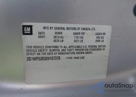 2002 Chevrolet Impala из США, поврежденный, VIN 2G1WF52E029167376